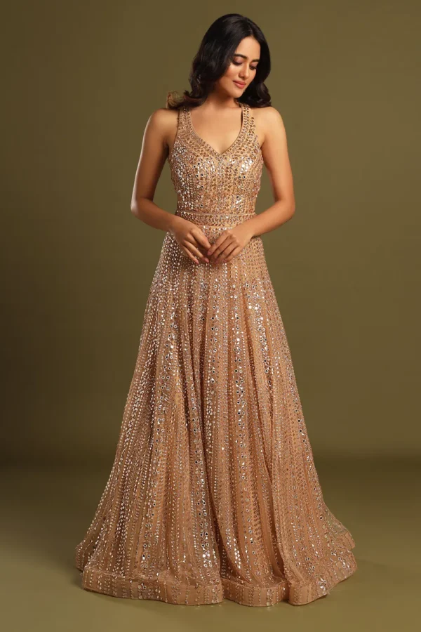 Champagne Gold Sequin Embellished Sleeveless Gown