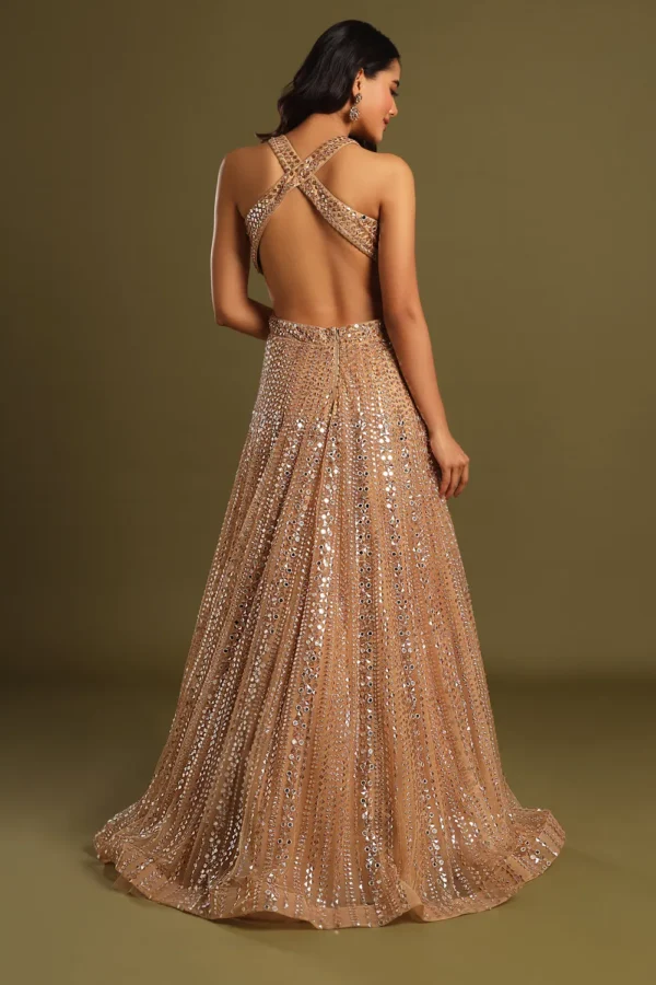 Champagne Gold Sequin Embellished Sleeveless Gown - Image 4