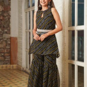 Indigo Bandhej Peplum Sharara Set with Mirror Belt