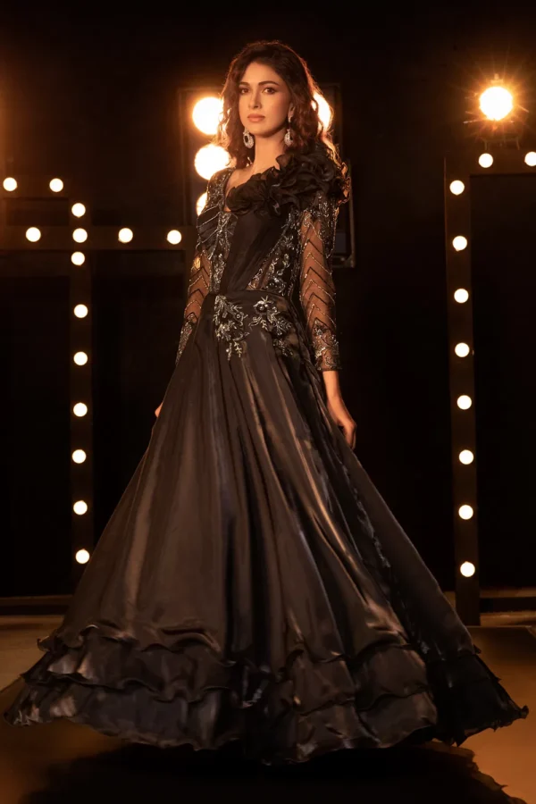 Midnight Black Ruffled Gown with Embellished Sheer Sleeves