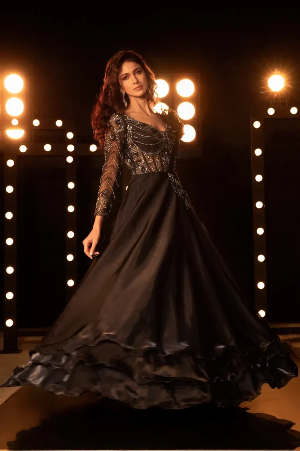 Midnight Black Ruffled Gown with Embellished Sheer Sleeves - Image 2