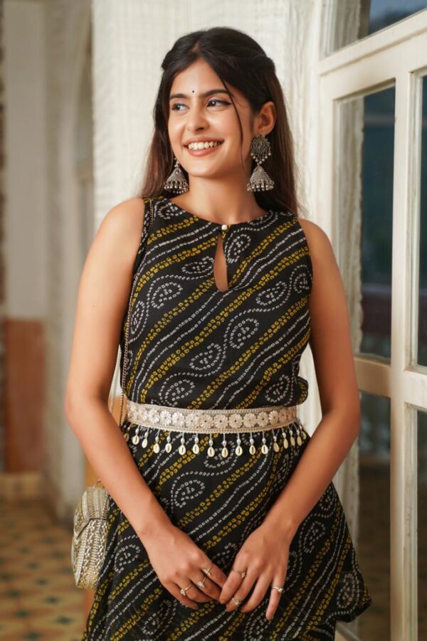 Indigo Bandhej Peplum Sharara Set with Mirror Belt - Image 4