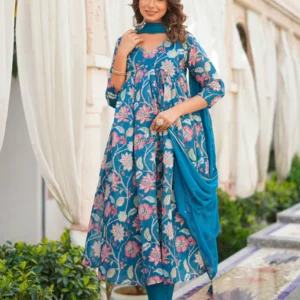Teal Floral Printed Anarkali Set with Churidar and Dupatta