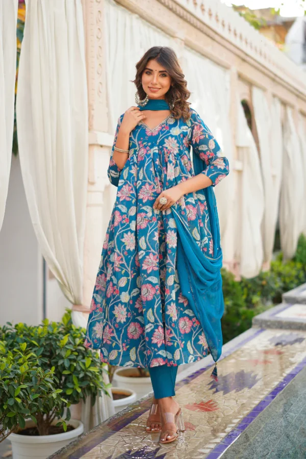 Teal Floral Printed Anarkali Set with Churidar and Dupatta