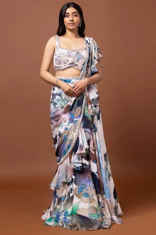 Ivory Floral Ruffle Saree Set
