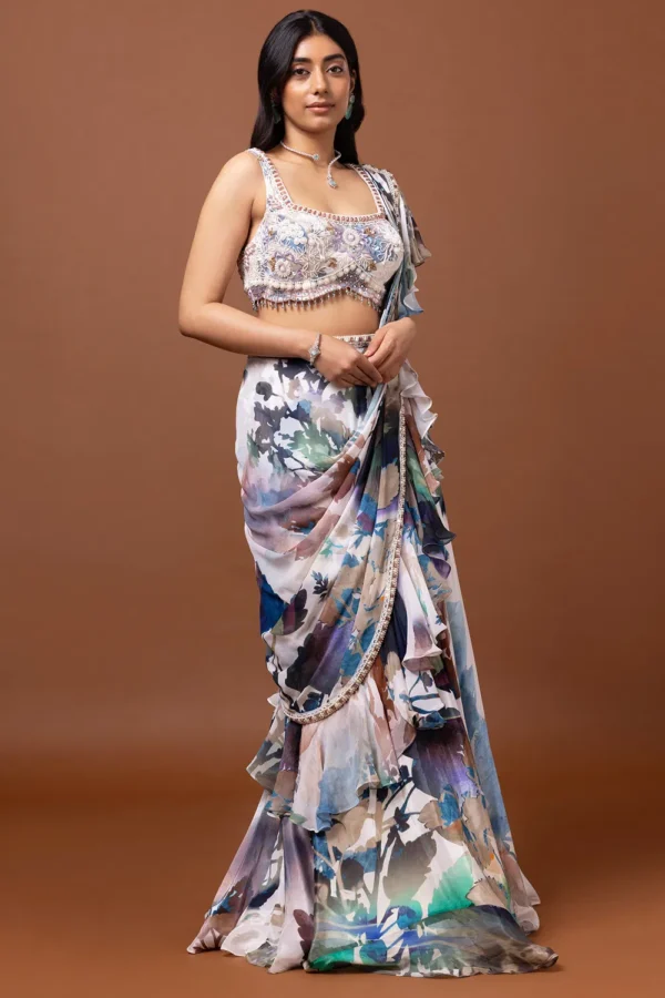 Ivory Floral Ruffle Saree Set - Image 3