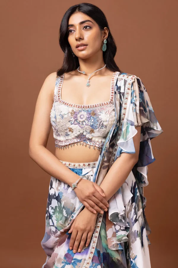 Ivory Floral Ruffle Saree Set - Image 4