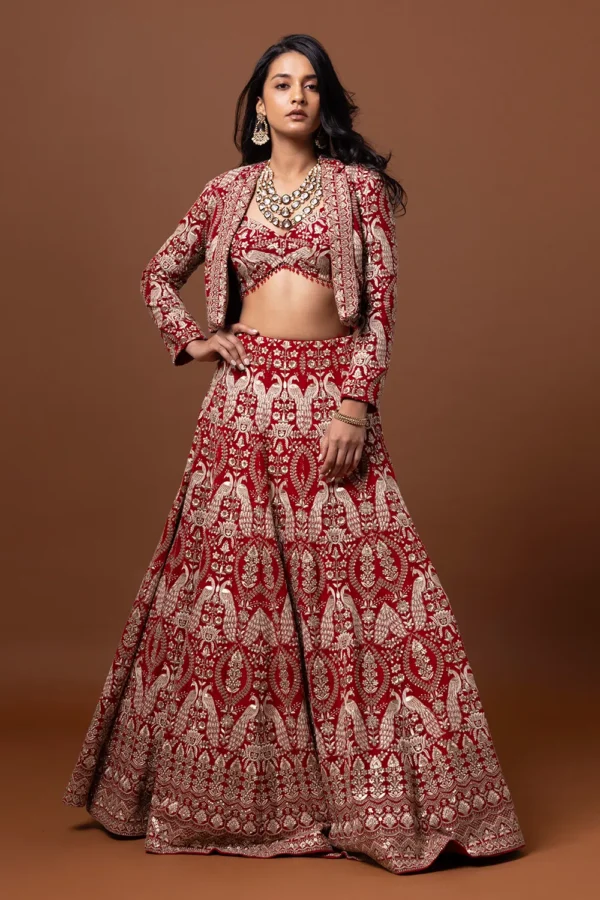 Regal Red Brocade Lehenga Set with Embroidered Jacket
