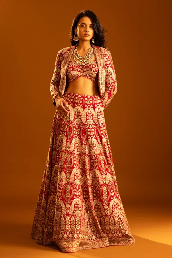 Regal Red Brocade Lehenga Set with Embroidered Jacket - Image 2