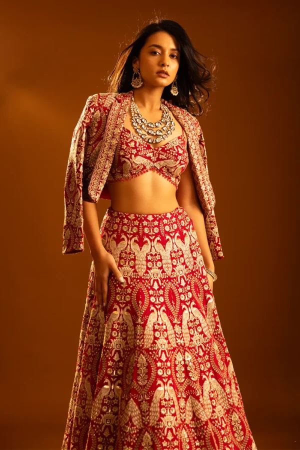 Regal Red Brocade Lehenga Set with Embroidered Jacket - Image 4