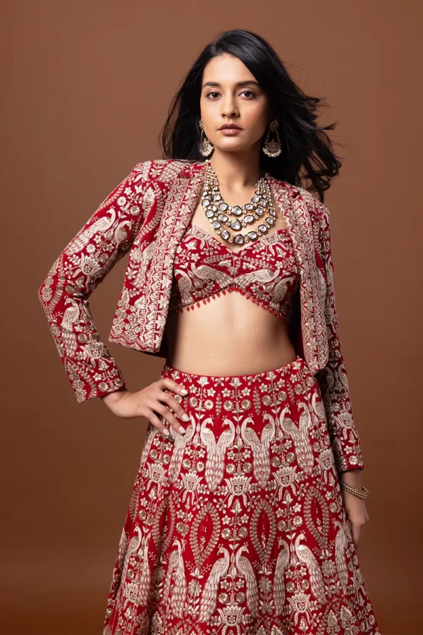 Regal Red Brocade Lehenga Set with Embroidered Jacket - Image 3