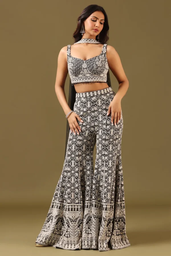 Black and Cream Geometric Pattern Palazzo Outfit - Image 2