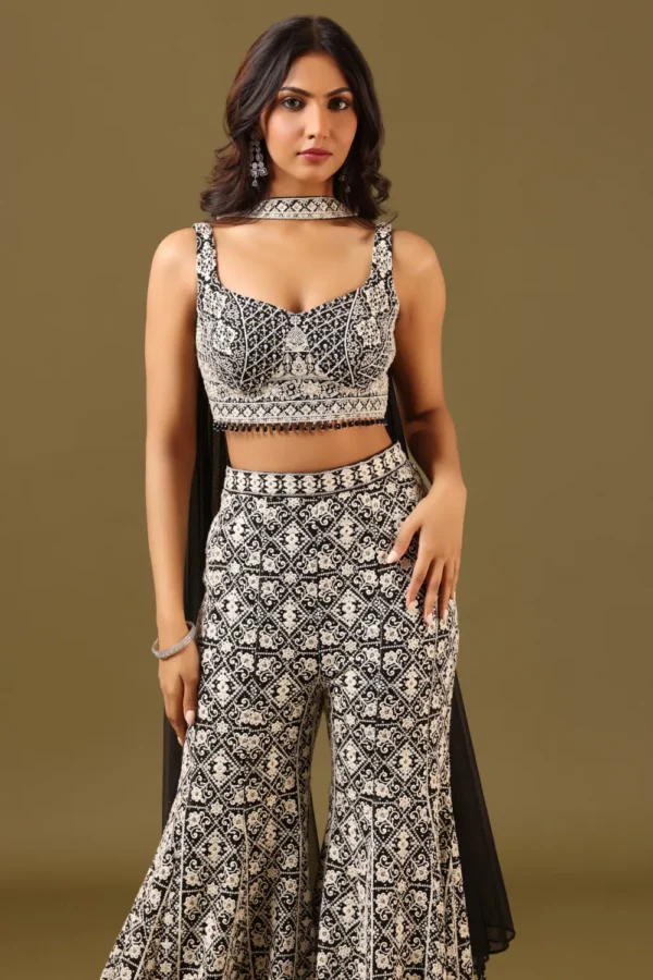 Black and Cream Geometric Pattern Palazzo Outfit - Image 3