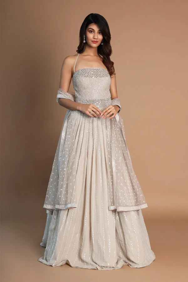 Champagne Beige Mirror Embellished Halter Gown