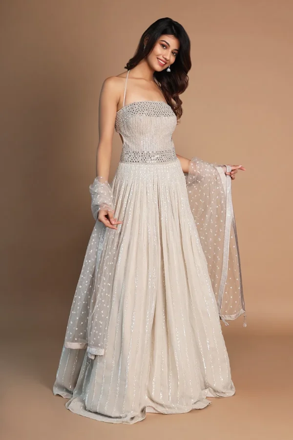 Champagne Beige Mirror Embellished Halter Gown - Image 2