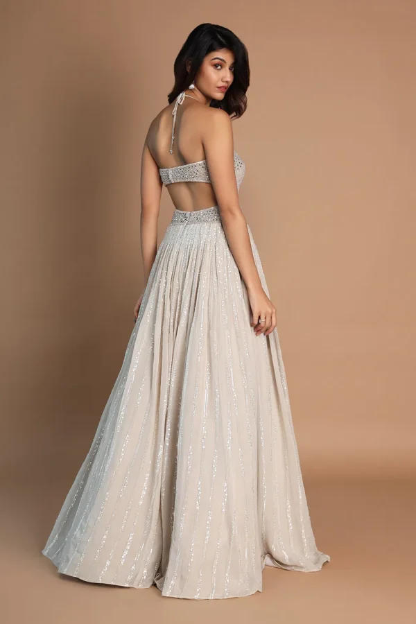 Champagne Beige Mirror Embellished Halter Gown - Image 4