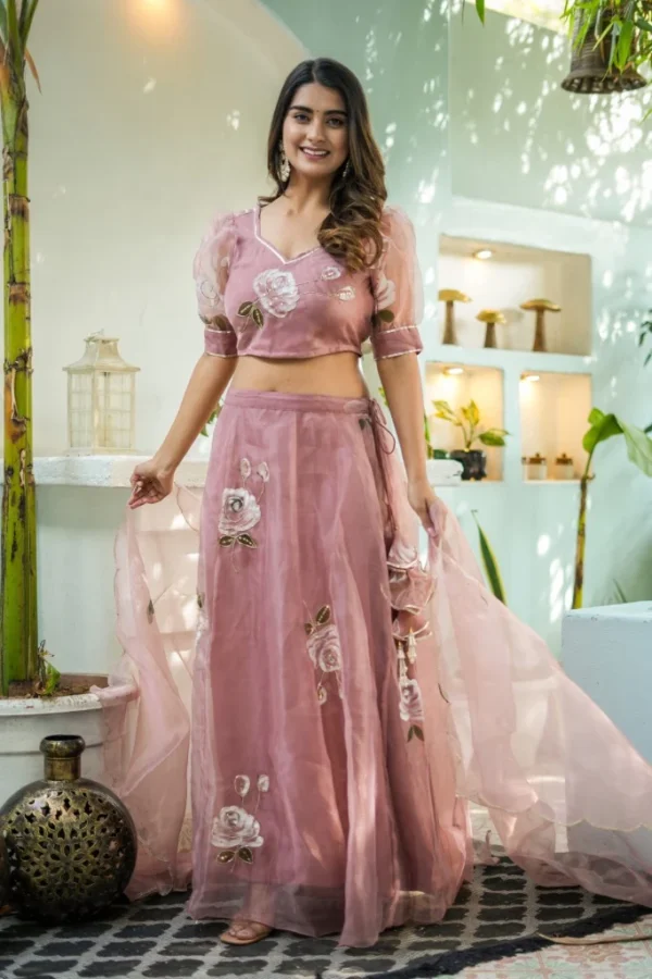 Dusty Rose Embroidered Net Lehenga Set - Image 2