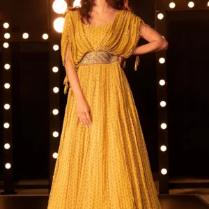 Mustard Yellow Drape Sleeve Embellished Gown