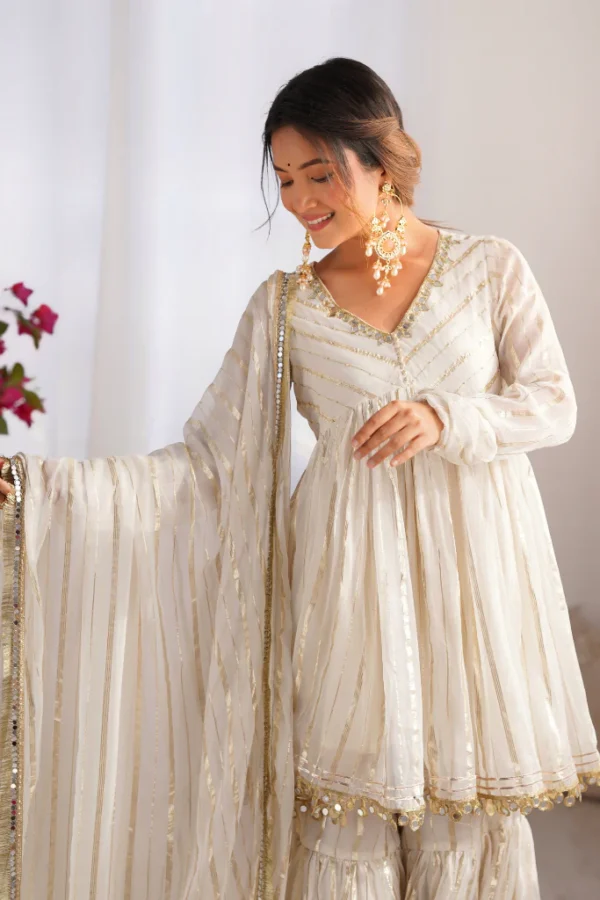 Ivory Gold Foil Gharara Set with Dupatta - Image 3