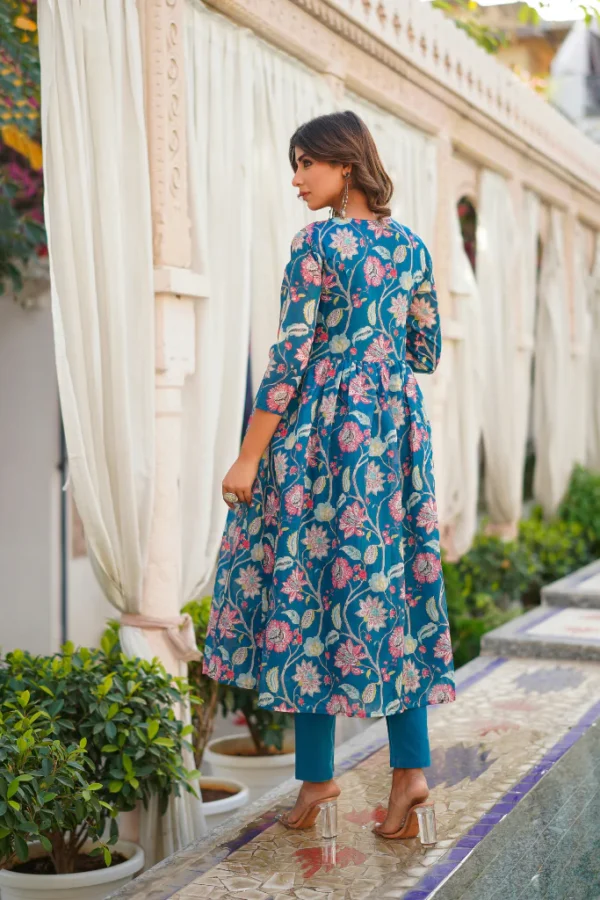 Teal Floral Printed Anarkali Set with Churidar and Dupatta - Image 4