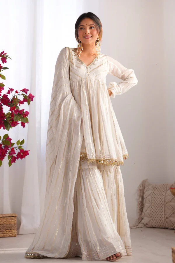 Ivory Gold Foil Gharara Set with Dupatta - Image 2