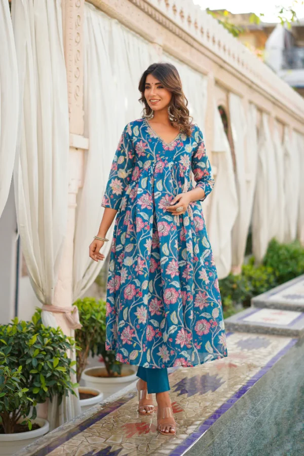 Teal Floral Printed Anarkali Set with Churidar and Dupatta - Image 2