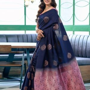 Navy Blue & Pink Banarasi Saree