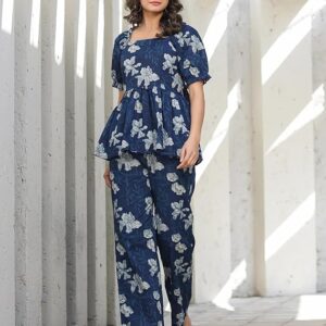 Navy Blue Floral Peplum Co-Ord Set