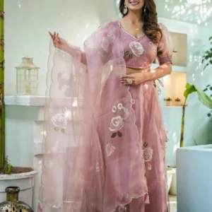Dusty Rose Embroidered Net Lehenga Set
