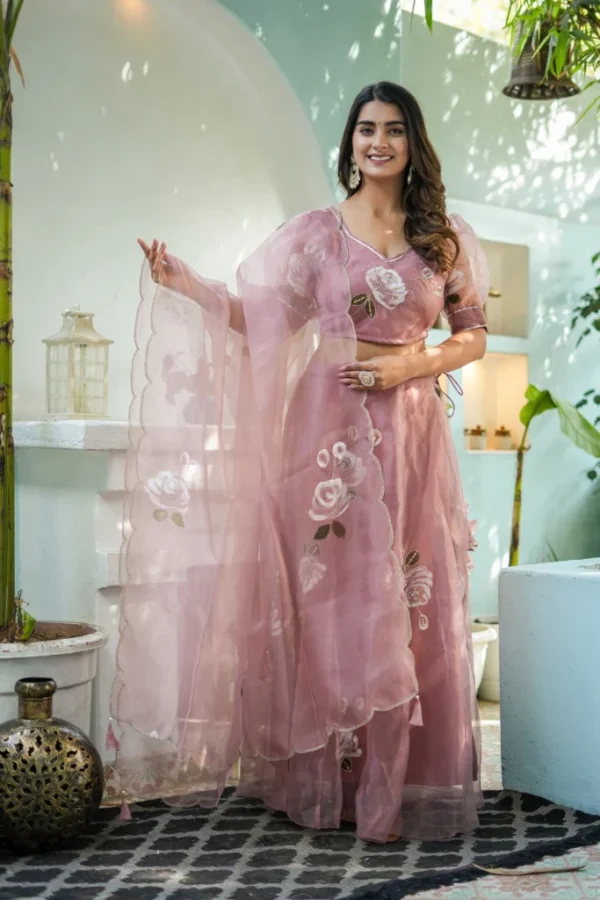 Dusty Rose Embroidered Net Lehenga Set