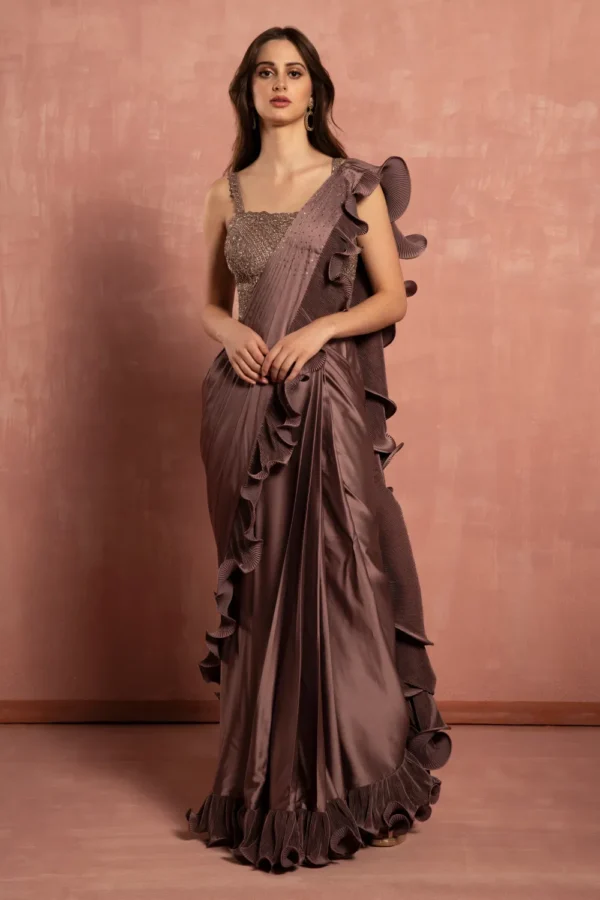 Mocha Luxe Ruffle Pre-Draped Saree