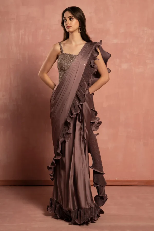 Mocha Luxe Ruffle Pre-Draped Saree - Image 2