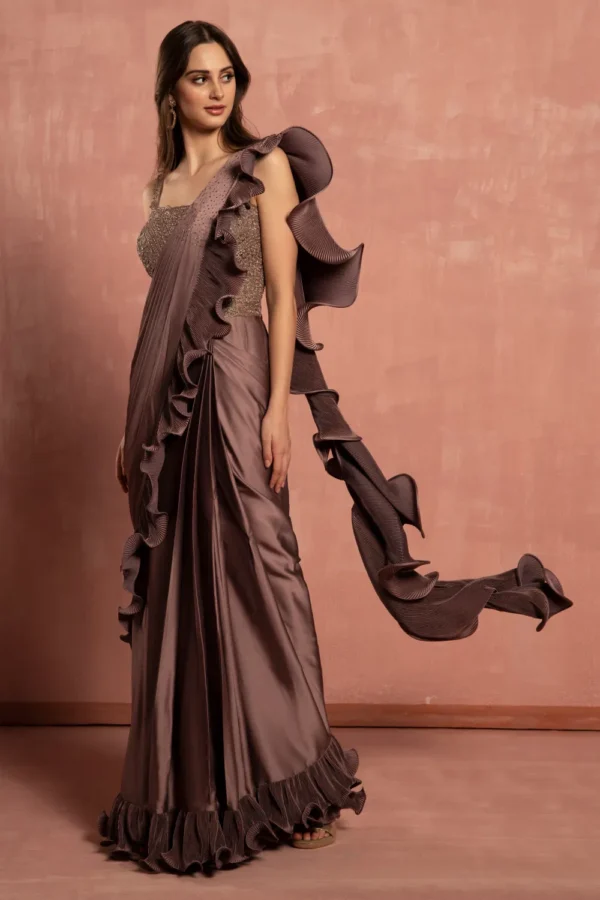 Mocha Luxe Ruffle Pre-Draped Saree - Image 3