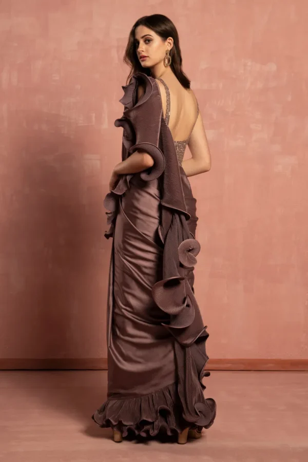 Mocha Luxe Ruffle Pre-Draped Saree - Image 4