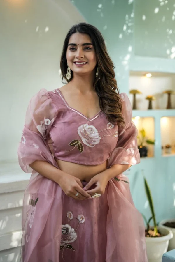 Dusty Rose Embroidered Net Lehenga Set - Image 3