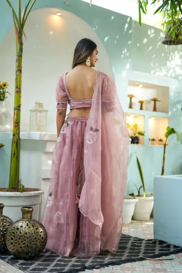 Dusty Rose Embroidered Net Lehenga Set - Image 4