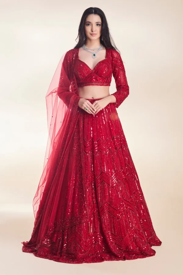Red Sequin Embellished Lehenga Choli with Dupatta