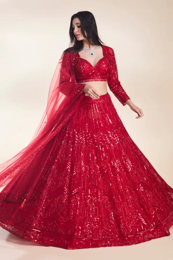 Red Sequin Embellished Lehenga Choli with Dupatta - Image 2