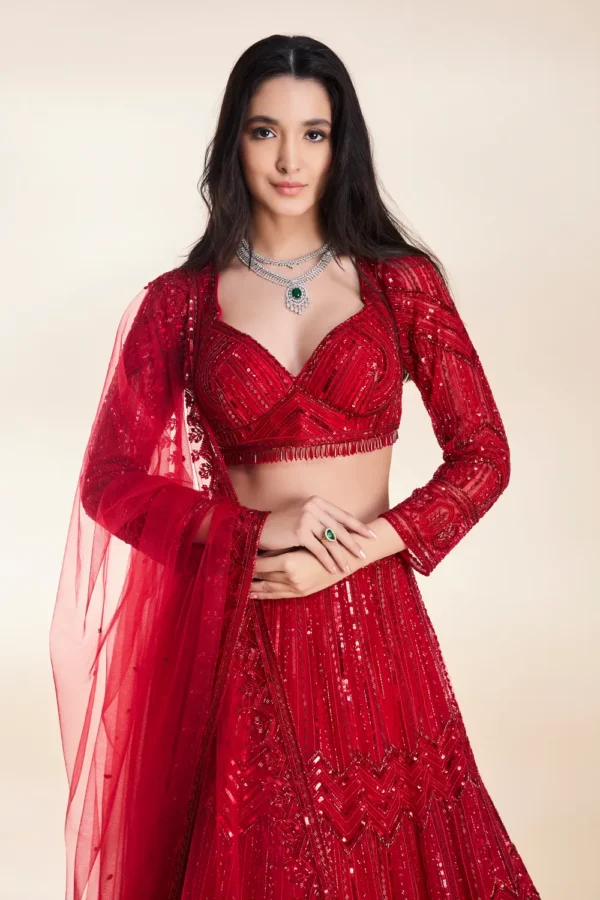 Red Sequin Embellished Lehenga Choli with Dupatta - Image 3