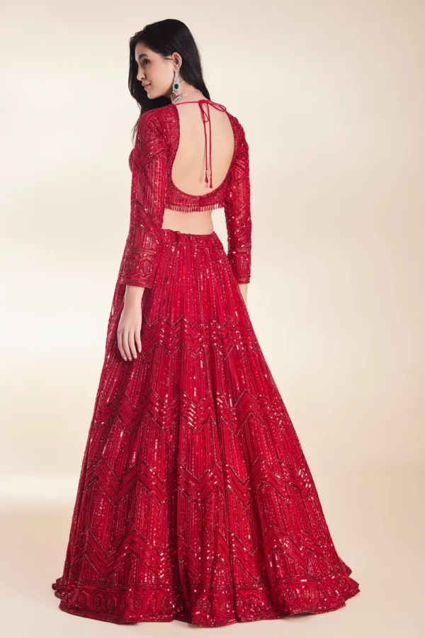 Red Sequin Embellished Lehenga Choli with Dupatta - Image 4