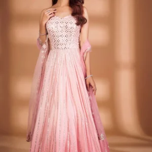 Blush Pink Sequin Embellished Strapless Gown with Dupatta