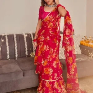 Floral Ruffle Georgette Saree – Festive Bloom Edition