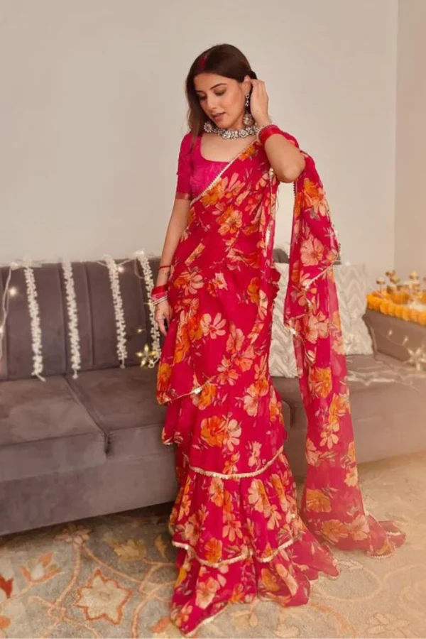 Floral Ruffle Georgette Saree – Festive Bloom Edition