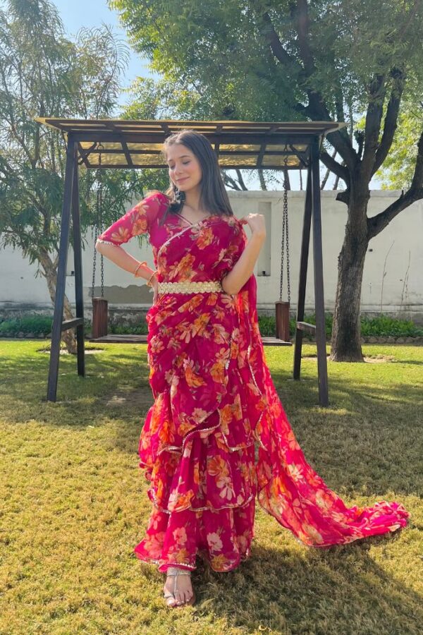 Floral Ruffle Georgette Saree – Festive Bloom Edition - Image 2
