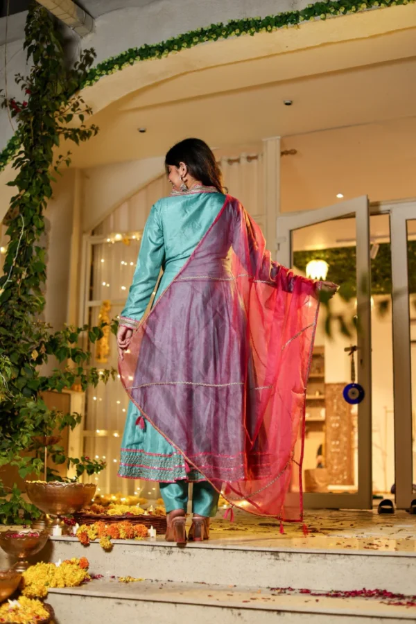 Teal & Pink Festive Fusion Kurta Set - Image 4