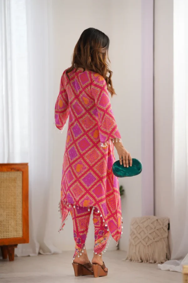 Mirror-Embellished Handblock Kurta Set in Pink & Orange - Image 4