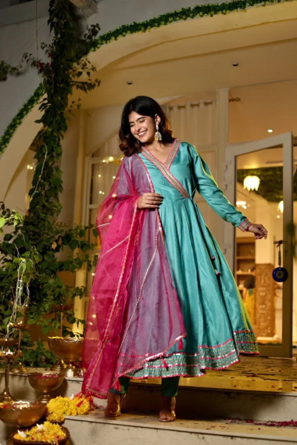 Teal & Pink Festive Fusion Kurta Set - Image 2
