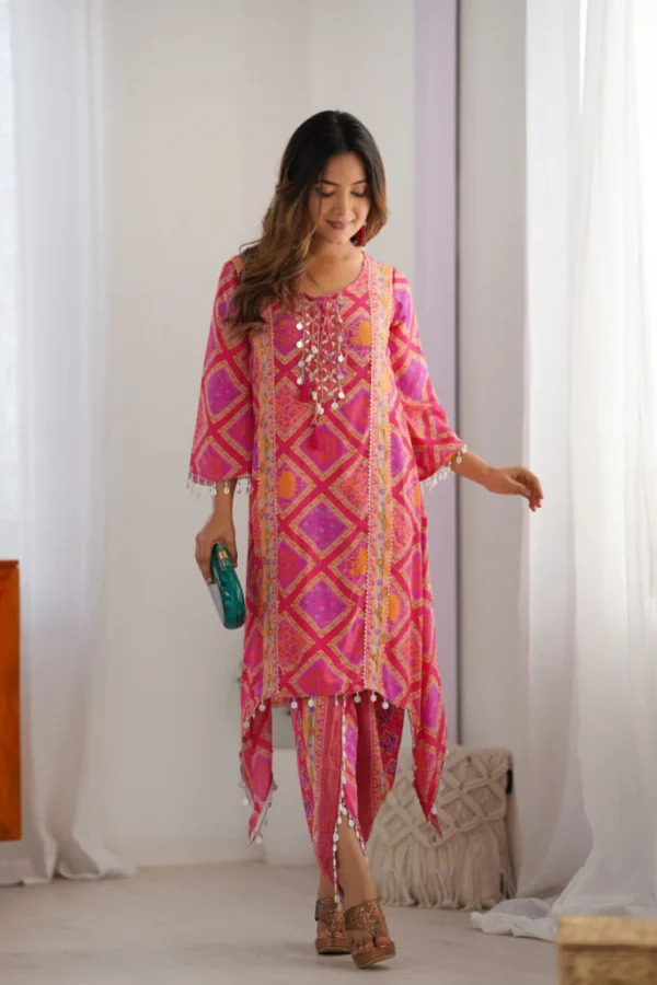Mirror-Embellished Handblock Kurta Set in Pink & Orange