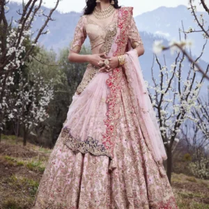 Regal Rose Gold Embroidered Bridal Lehenga with Net Dupatta
