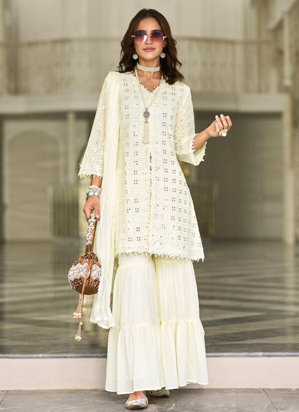 Ivory Embroidered Cotton Kurta with Sharara Set